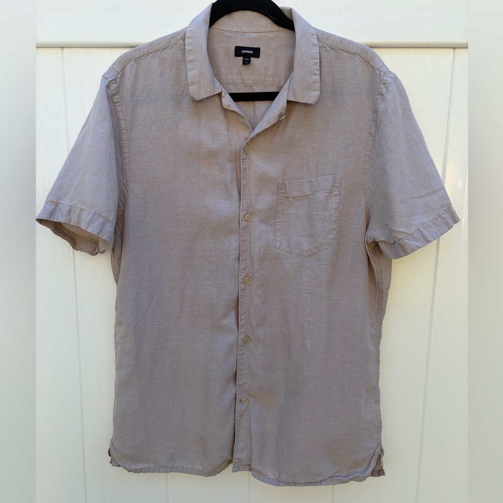 Express Men's Beige Short Sleeve Button-Up Shirt Lyocell Linen Size M